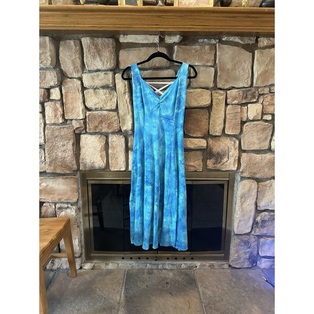 VTG 90s Illusions Y2K Maxi Blue Tie Dye Lace Up Back Dress Summer USA S Women